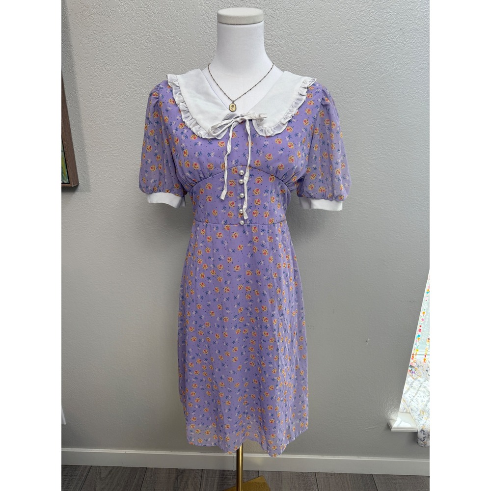 Purple Floral Midi Dress Peter Pan Collar Puff Sleeve Cottagecore XL
